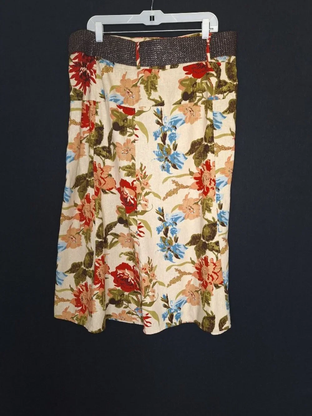 NWT Athena Marie Floral Linen Blend Midi Skirt Size XL Belted Cottagecore Boho